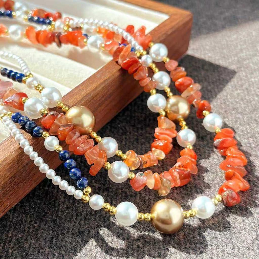 Vintage Artificial Crystal Pearl Natural Lapis Lazuli Nanhong Double Necklace Collarbone Chain
