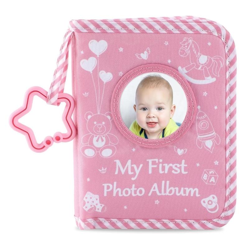 

Pink Bear Soft Fabric Baby First Picture Album with Teething Rings and Small Mirror Memory Photo Book for New Parent 1