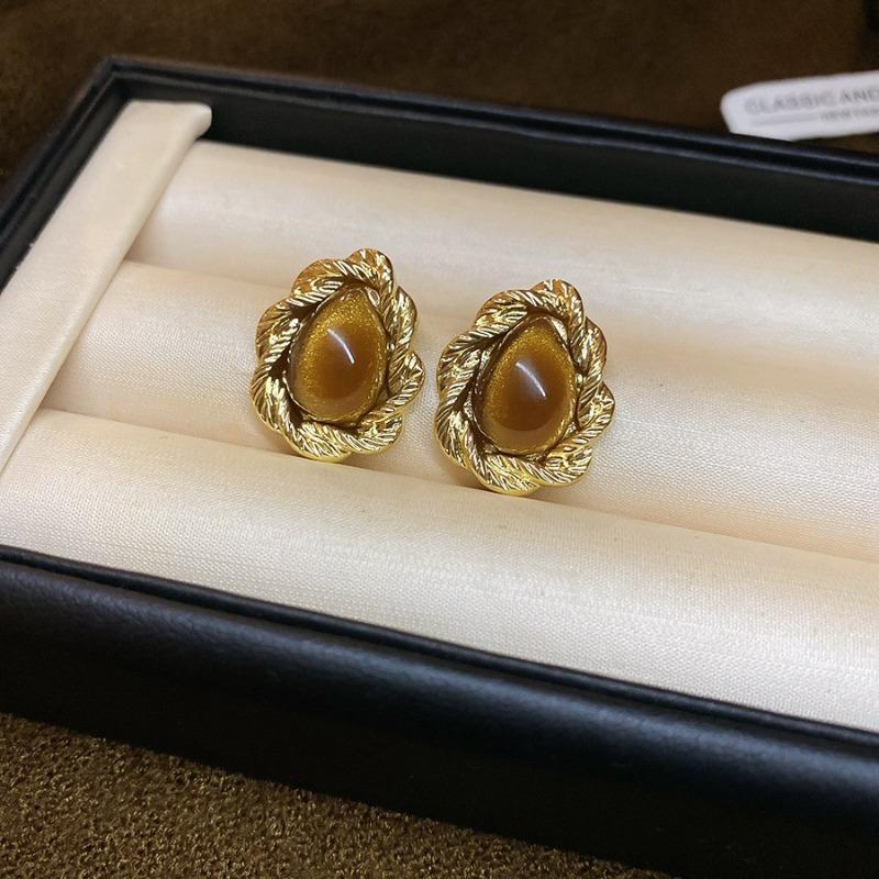 Silver Needle Explosive Tiger's Eye Stone Pendant Earrings Maillard Retro Temperament Versatile Earrings Light Luxury Premium Earrings Women
