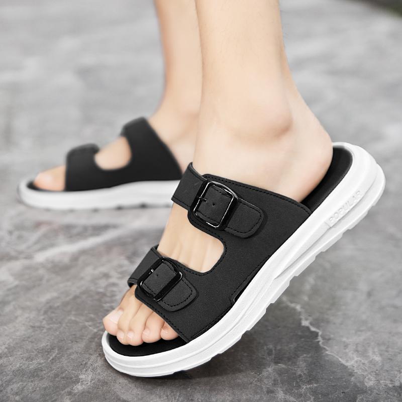 2024 New Summer Men's Soft Soles Slippers Suede Leather Slippers Man Indoor and Outdoor Two Buckle Beach Slides Footwear for Men
