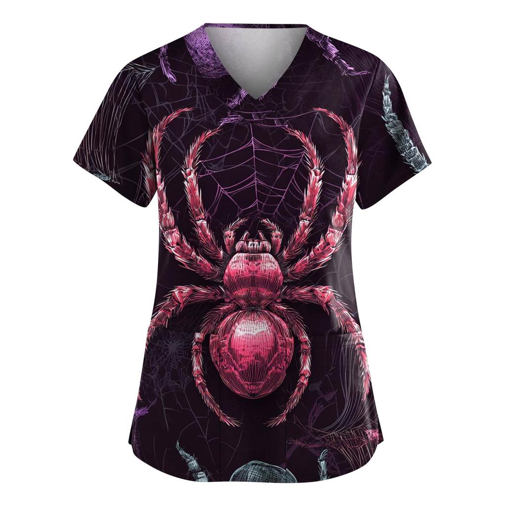 Dámská móda Overaly s krátkým rukávem a výstřihem do V s kapsami Halloweenské potištěné topy Oblečení