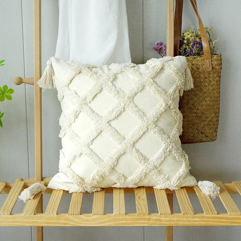 Bohemian Baumwoll-Leinen Bauernhaus Kissenbezug Webspitze Quaste Kissenhülle Bettkopf Sofa Kissenbezug Heimdekoration 45×45CM