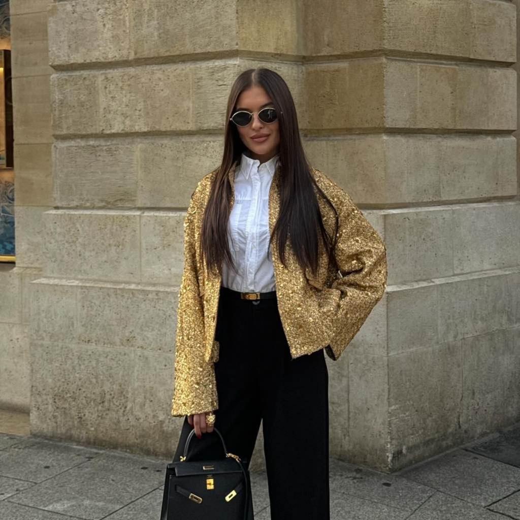 Women Shiny Sequin Jacket Y2k Gold Color Stand Collar Long Sleeve Short Coat Ladies High Streetwear