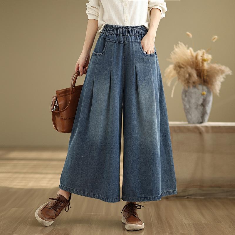 Plus Size Denim Wide-leg Pants Fashion, Elastic, Loose, Thin, Casual All-match Straight Wide-leg Pants