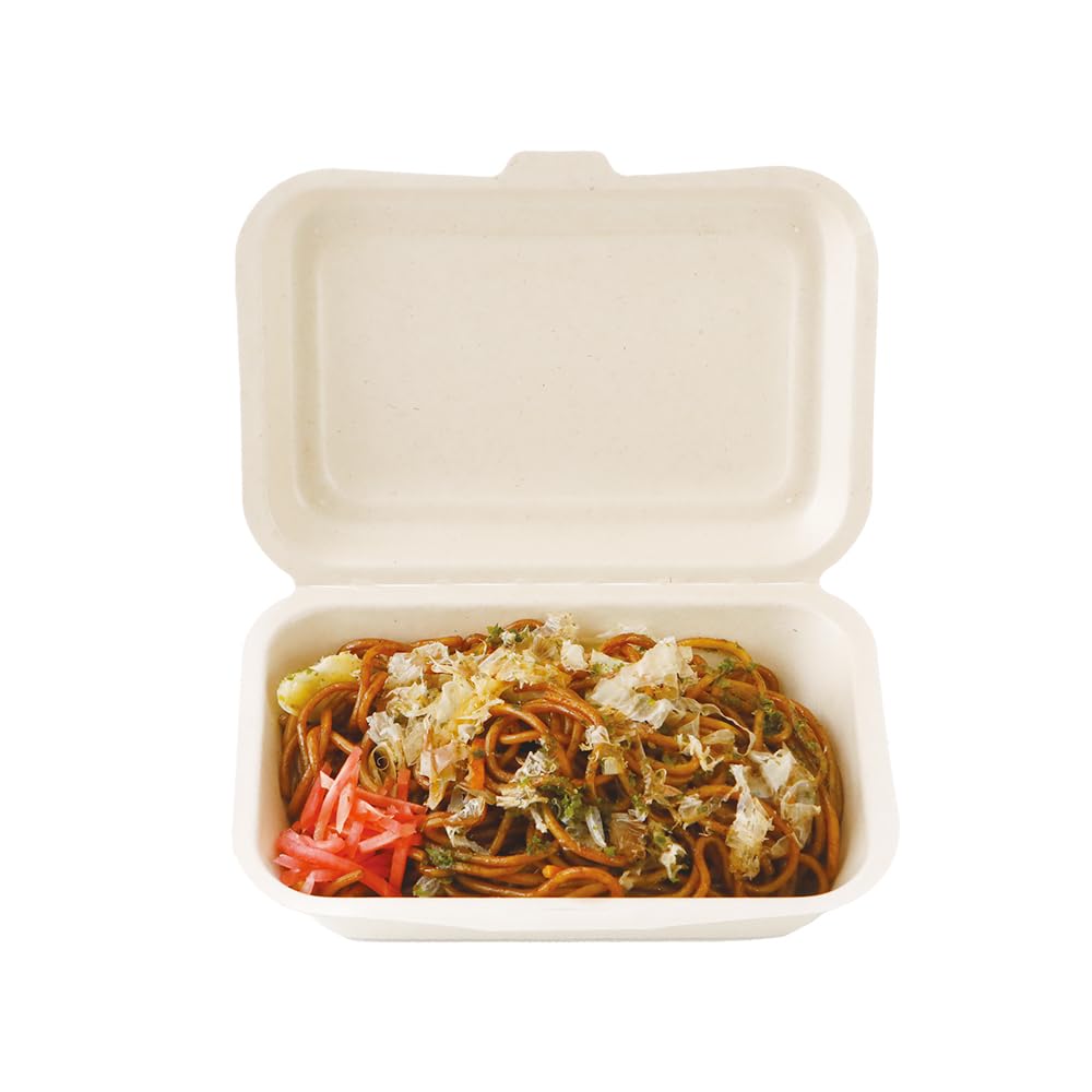 Disposable Lunch Pack of Rice Water and Oil Commercial ECO&BASIC Boxes, 450ml, Laminated, 50, Microwaveable, Takeout, Bagasse, Unbleached, Resistant,