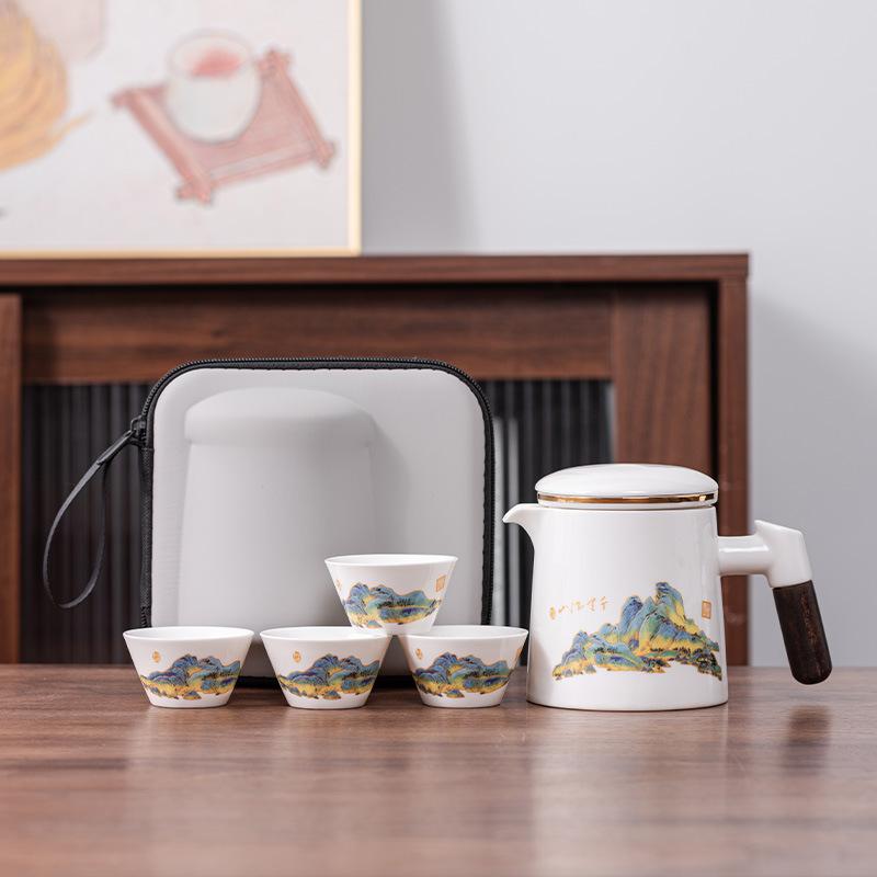 

Jade Porcelain Travel Tea Set One Pot Four Cups Guochao Portable Outdoor High-end Ceramic Wood Handle