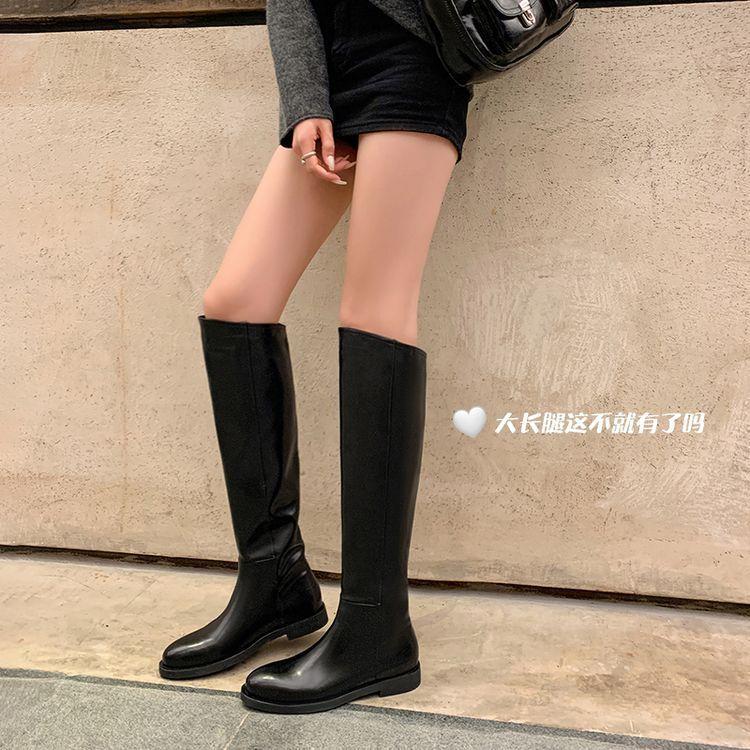 Chaos Shows Temperament~ Loose Straight Thick Leg Boots Leather Knight Boots Plain Oblique Mouth High Tube Flat Bottom Stacking Boots