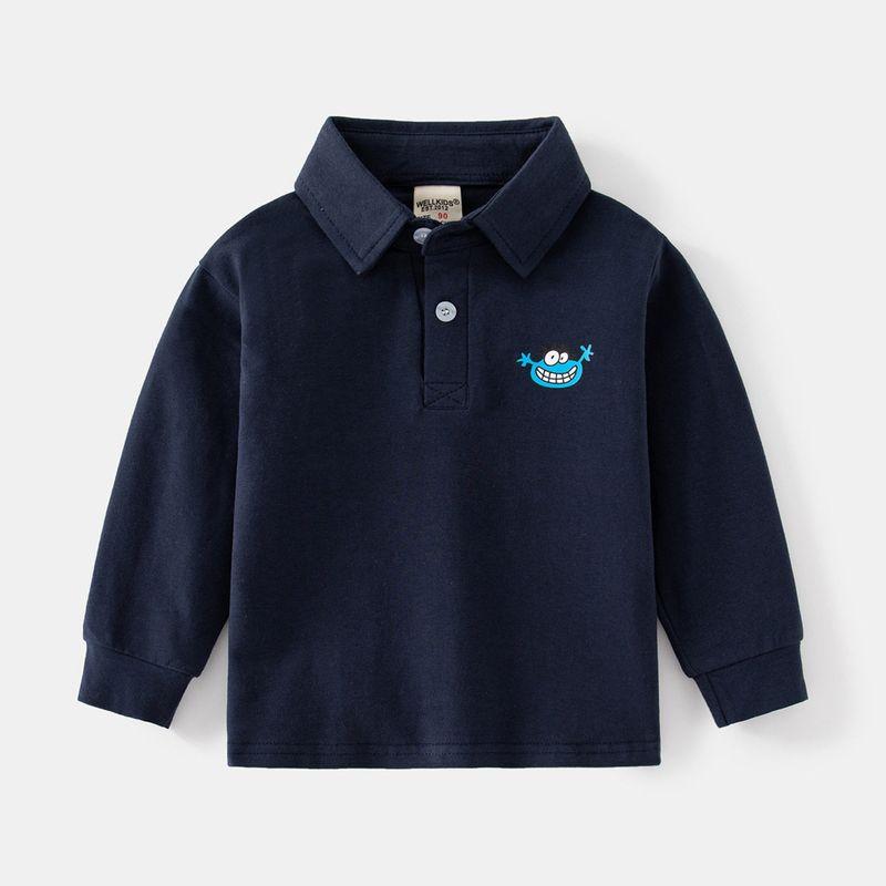 Children's Clothing Spring and Autumn Kids Long Sleeves Polo Shirt Boys' Two-Button Lapel Monster Cartoon Print Baby T-shirt