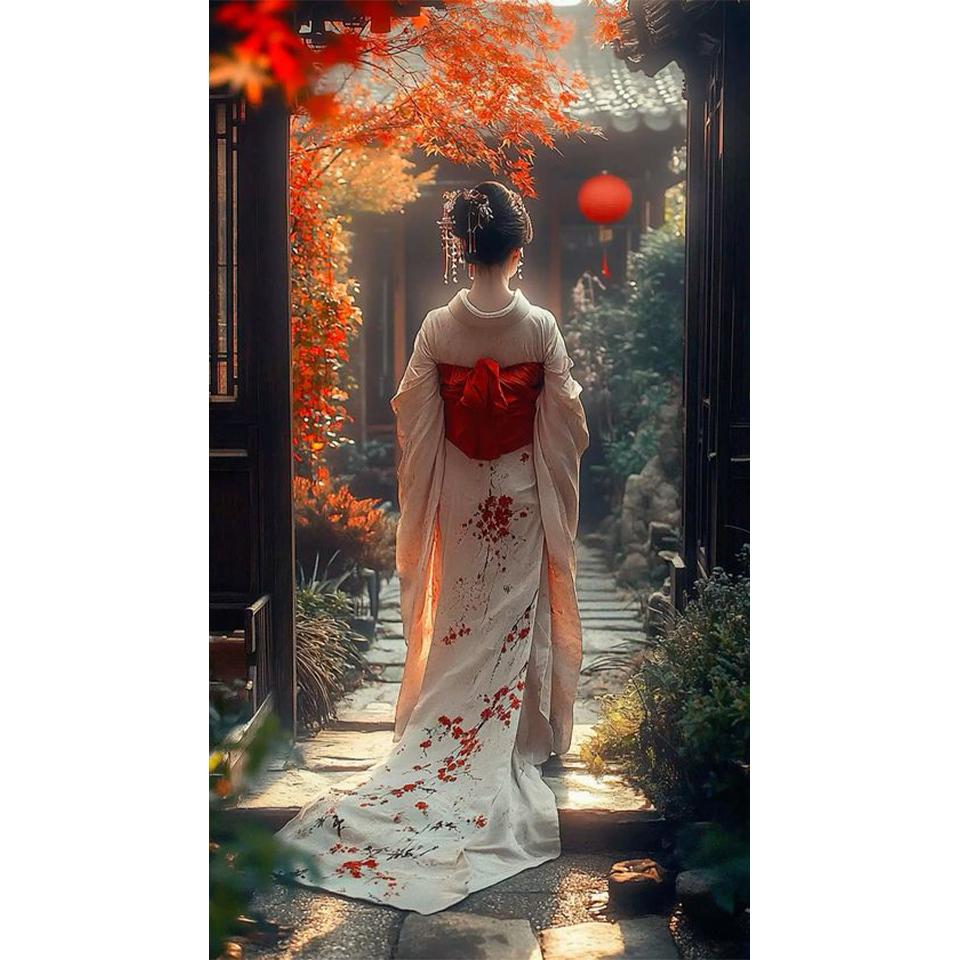 Sakura Pavilion Landscape and Japanese Women's DIY Full Diamond Decorative Painting Diamond Mosaic Cross Embroidery Set