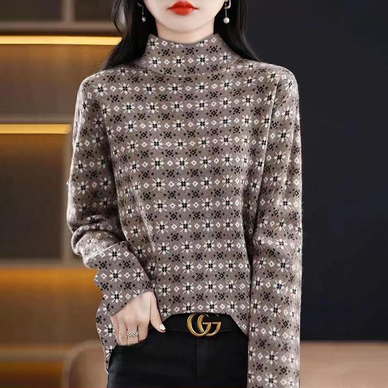 Long Sleeve Top Plus Size Casual Fleece-Lined Thickened Base Layer Printed High Neck Thermal Base Layer Top