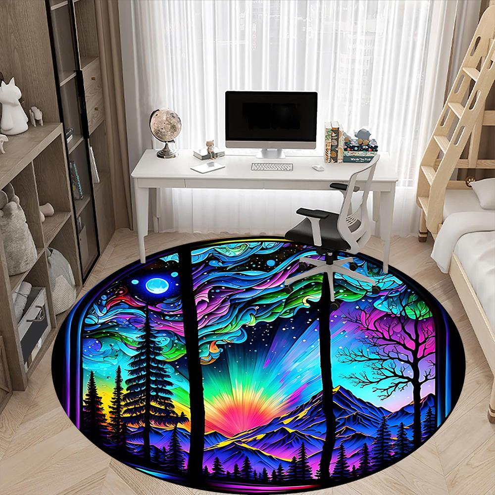 1PC StainedGlass Landscape Office Round Area Rug, Mat Suitable ForOffice, Under Office Chairs Bedroom Living Room Home Decor, Room Deco