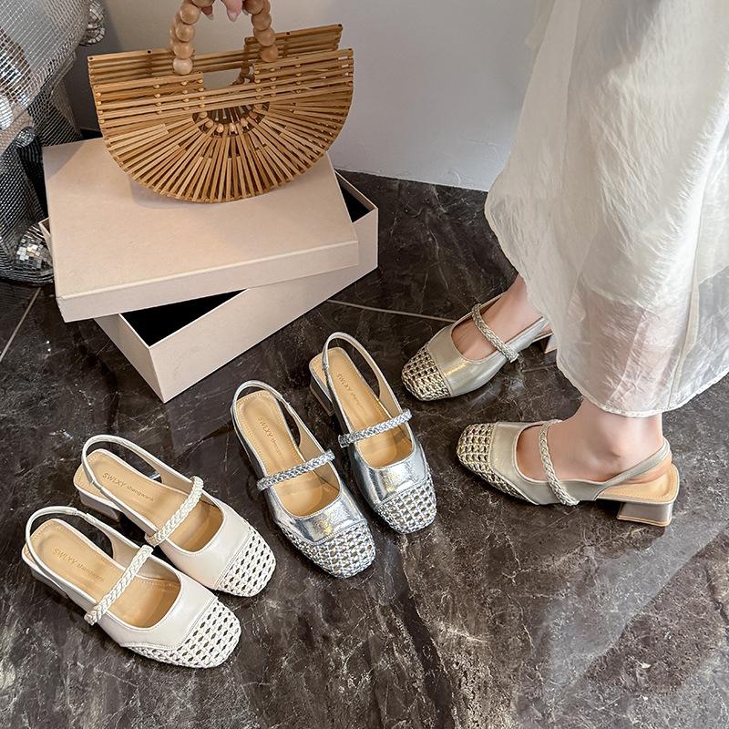 Casual versatile woven hollow fashion spring and summer shallow mouth women's shoes French square head word with summer high heel sandals