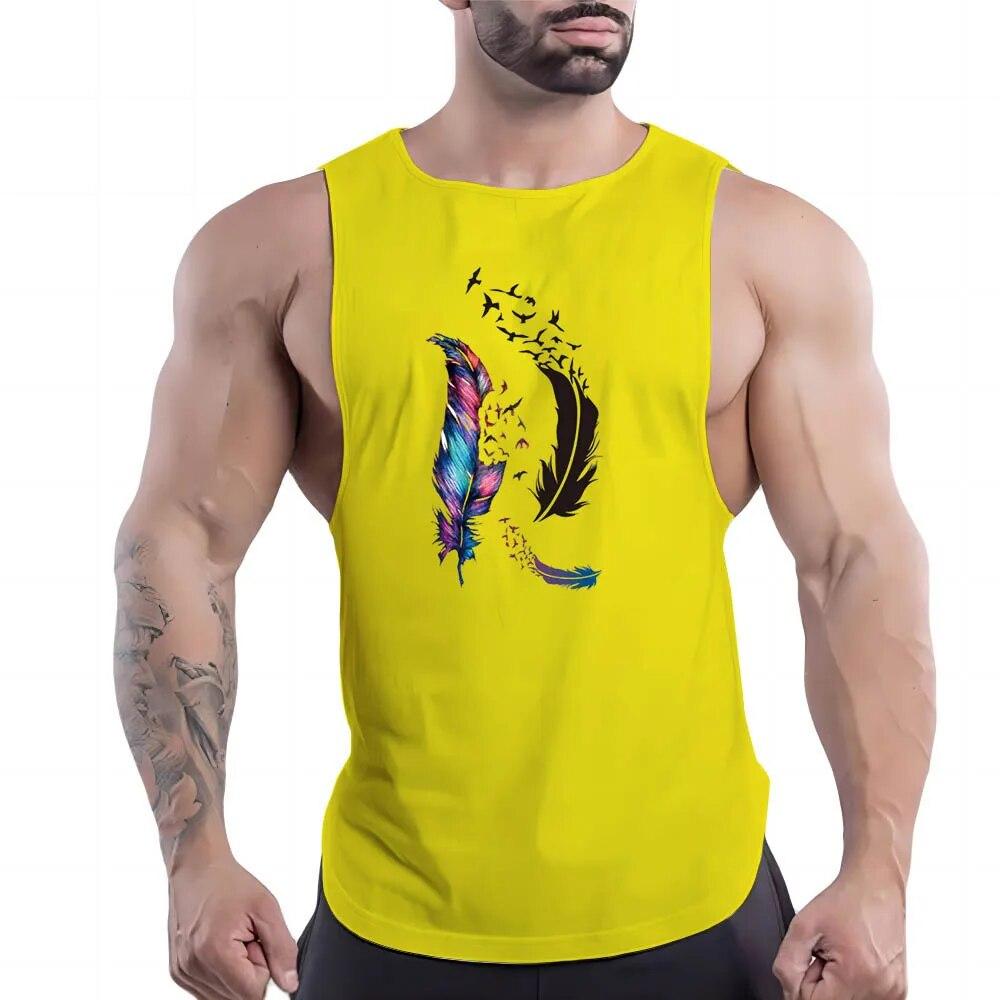 Summer Adult Men'S Outdoor Fitness Crew-Neck Vest Creative Feather Pattern 2d Print Breathable Comfortable Sleeveless Shirt