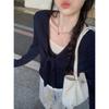 Spring and Autumn New Contrasting Colors Strap Collar Fake Two Pieces Stacked Knitted Sweater Backing Sweater Women's Top