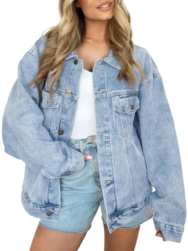 Light Blue Oversized Denim Jacket with Metal Buttons