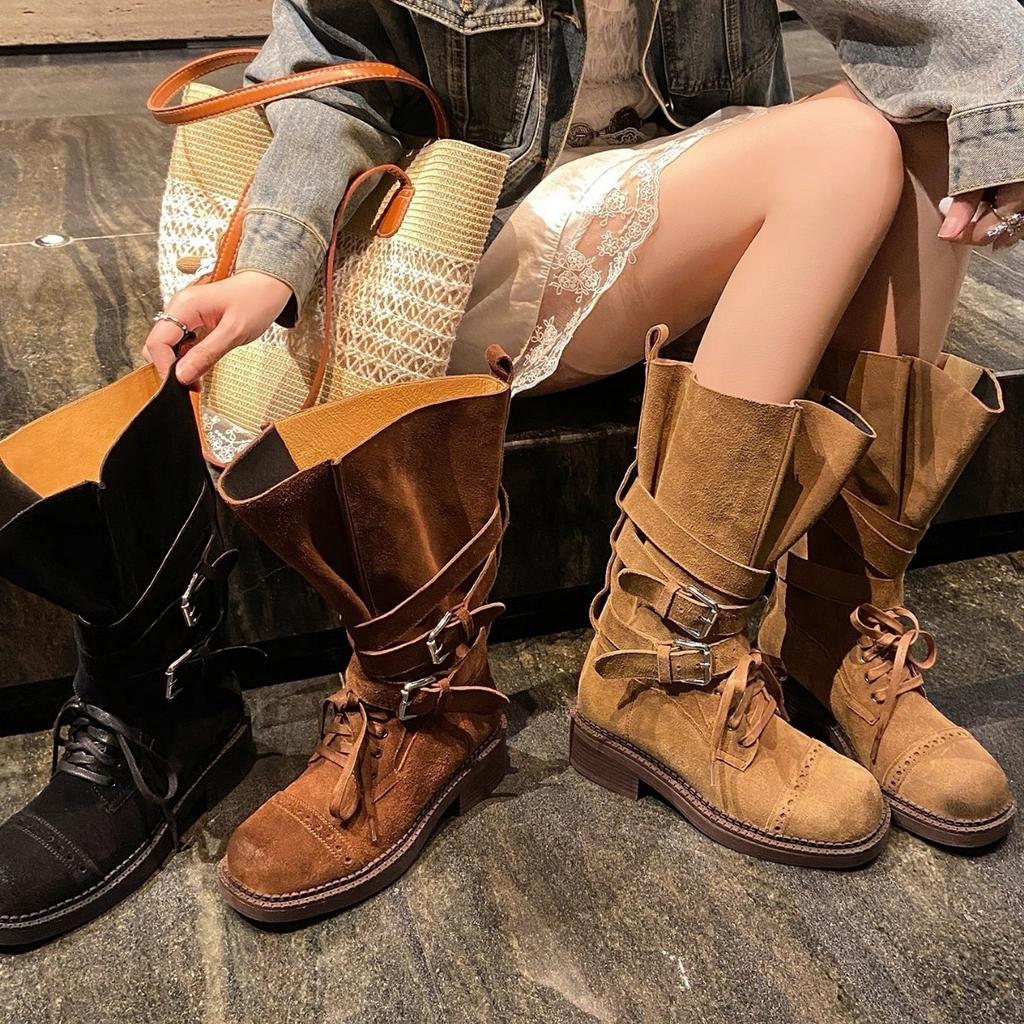 Cowhide version~ Retro knight boots women's thick-soled thick-heeled Martin boots belt buckle mid-tube western cowboy boots locomotive boots