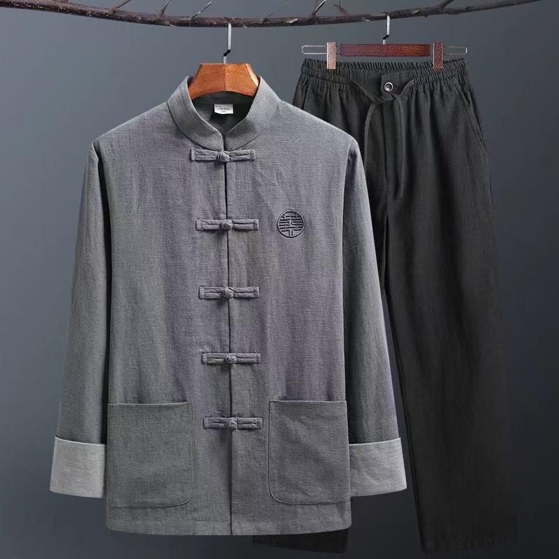 Men's Retro Chinese Tang Suit: Spring/Autumn Cotton Linen 3-Piece Set with Long Sleeve Frog Button Hanfu Coat