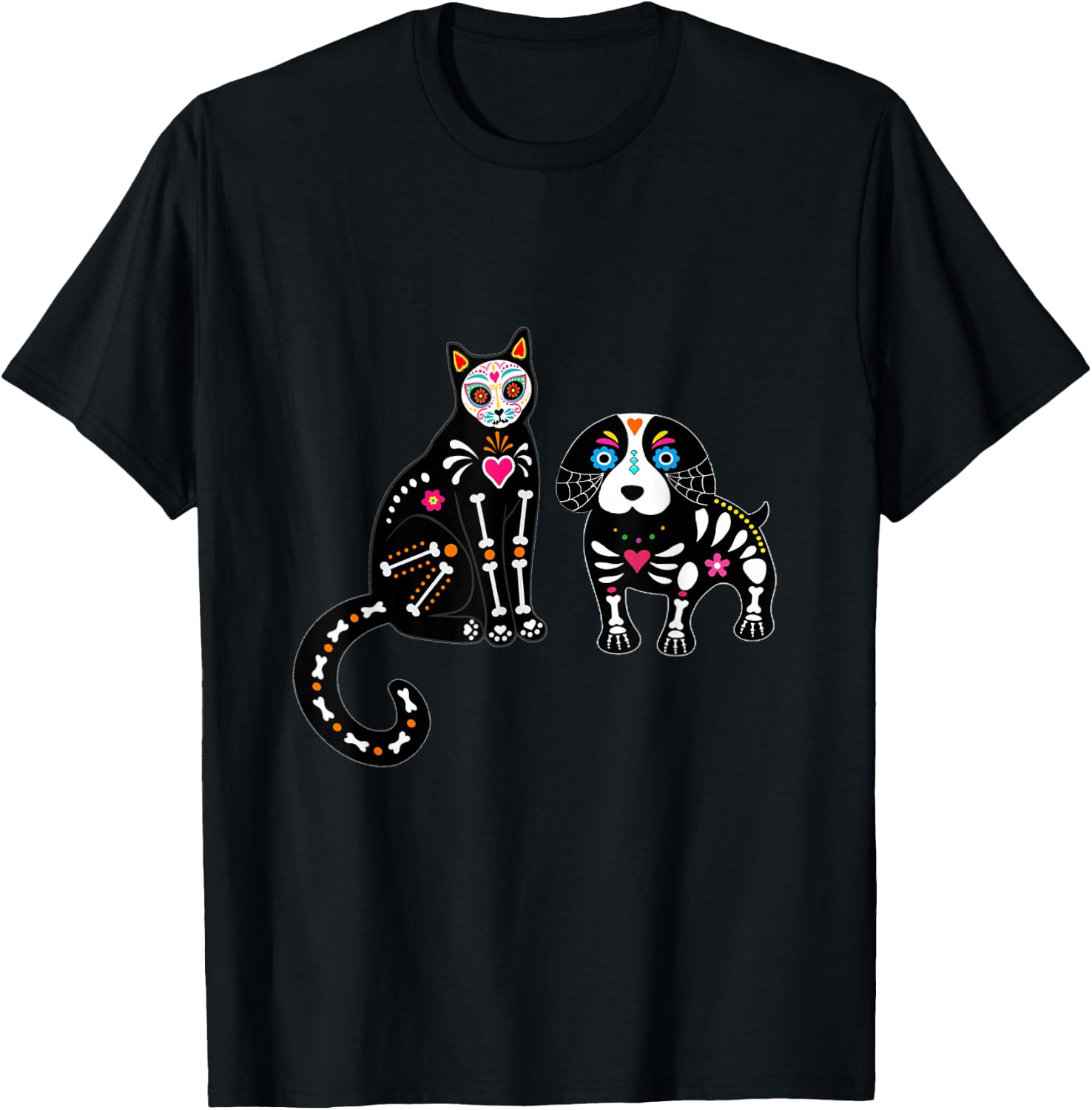 Sugar Skull Cat and Dog Funny Halloween T-Shirt XXXL