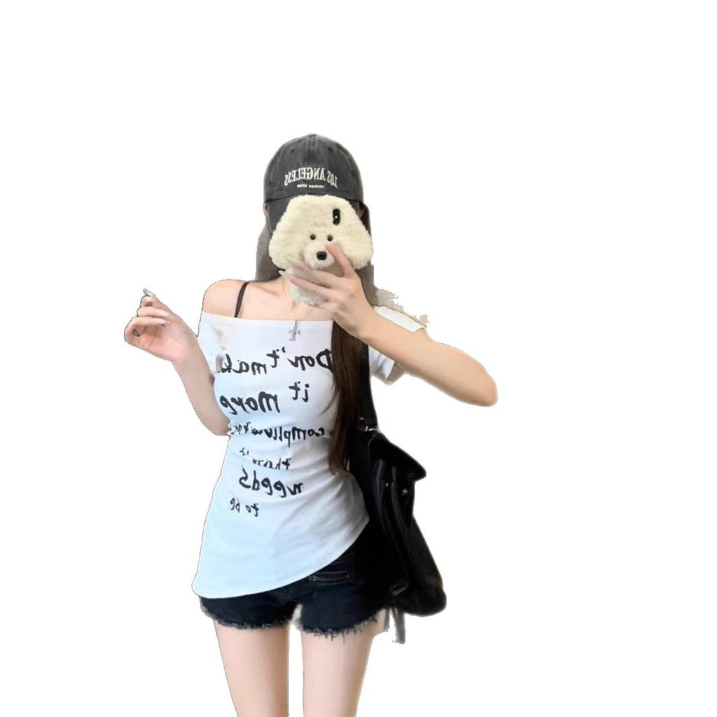 Letter Printed Slash Shoulder Short Sleeve T-Shirt Women's Summer Slim Fit White Design Sense Spice Girl Skinny Versatile Top