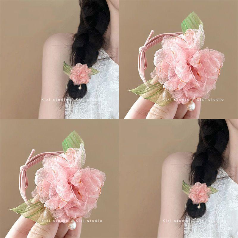 Pink Flower Ribbon Hair Band Women Girls Bowknot Ponytail Holders Hair Ropes Girls Korean Fashion Hair Accessories Headwear Blue