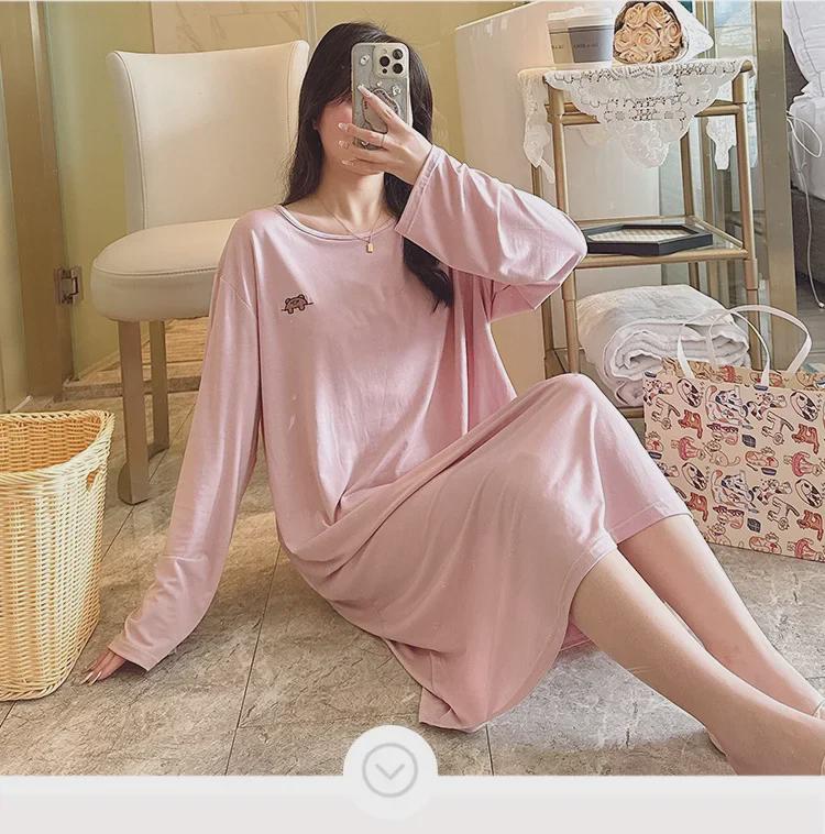 Modal Long-Sleeve Nightdress with Chest Pads for Plus-Size Women