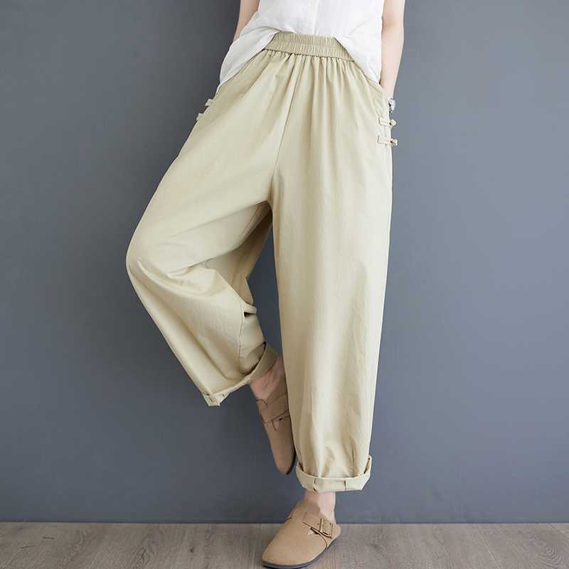 Summer Literary Retro Cotton Solid Color Casual Pants Women's High-waisted Disc Buckle Loose and Thin Bloomers