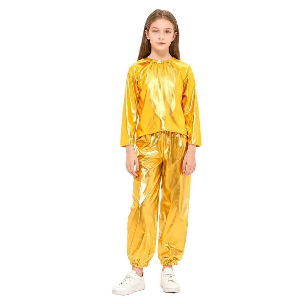 Kids Girls Dance Performance Outfit 2-Piece Set: Metallic Shiny Long Sleeve T-shirt & Matching Shiny Pants for Stage & Party