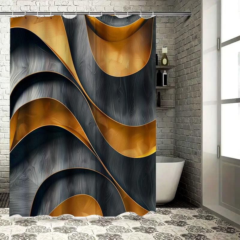 Luxury Modern Black Gold Wave Shower Curtain Set for Bathroom Decor High-Quality Polyester Waterproof Fabric (240cm x 180cm)