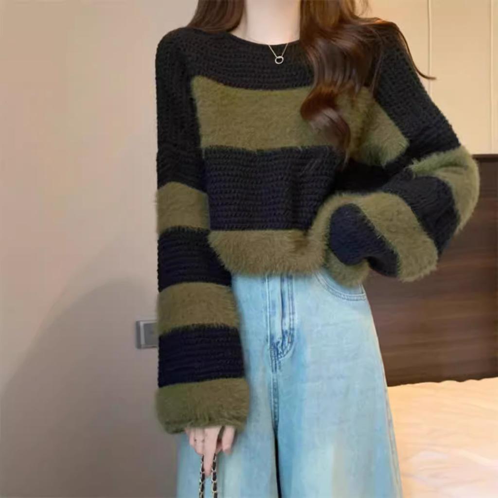 Striped Knit Sweater with Lantern Sleeves for Women Warm Sweater Fashionable Short Top