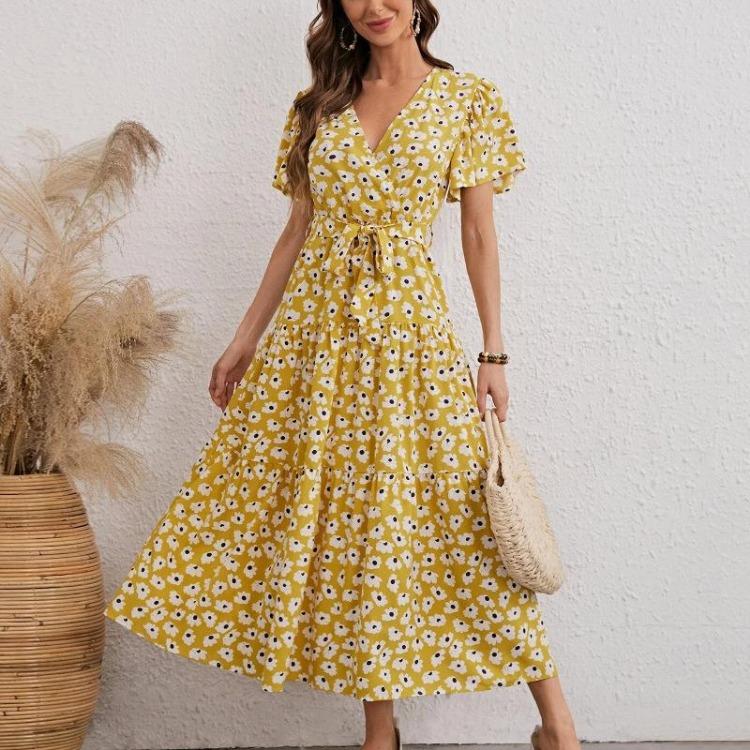 Women Summer Floral Print Long Dress Casual V Neck Short Sleeve A Line Bandage Chiffon Dress Sizes S To XXL