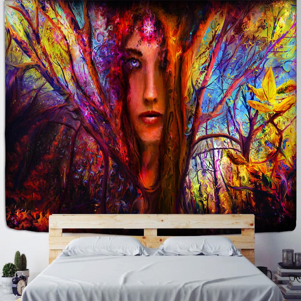 

Nordic Абстрактное женское лицо Гобелен Настенный ковер Богемный хиппи Психоделический фон Настенный художник Декор 95x70cm