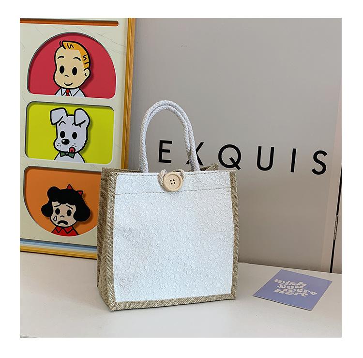 Ins Style Fashion Plaid Portable Linen Bag Large Capacity Square Bottom Jute Shopping Bag Linen Waterproof Gift Bag