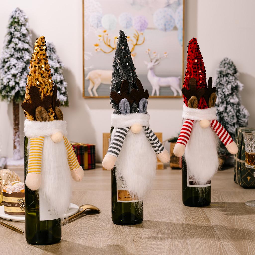 Whimsical Red Yellow And Black Sequin Hat Wine Bottle Ensembles With Antlers For Festive Christmas Decor