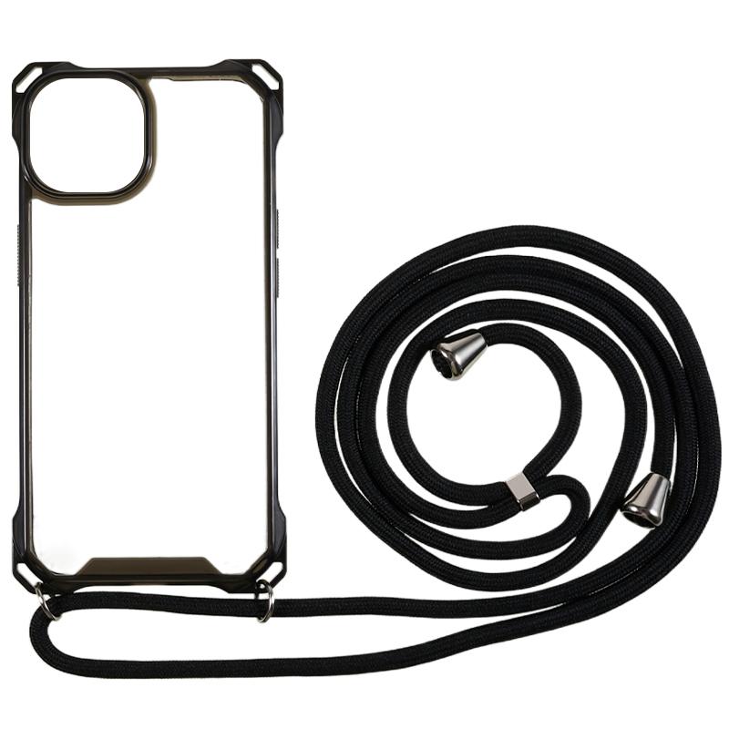 

For iPhone 13 Transparent Acrylic Back+TPU Case Anti-drop Phone Cover with Lanyard Black