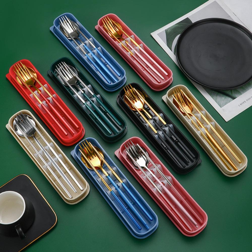 4pcs/Set 304 Stainless Steel Tableware Set with Case Bag Chopsticks Spoon Fork Knife  Camping