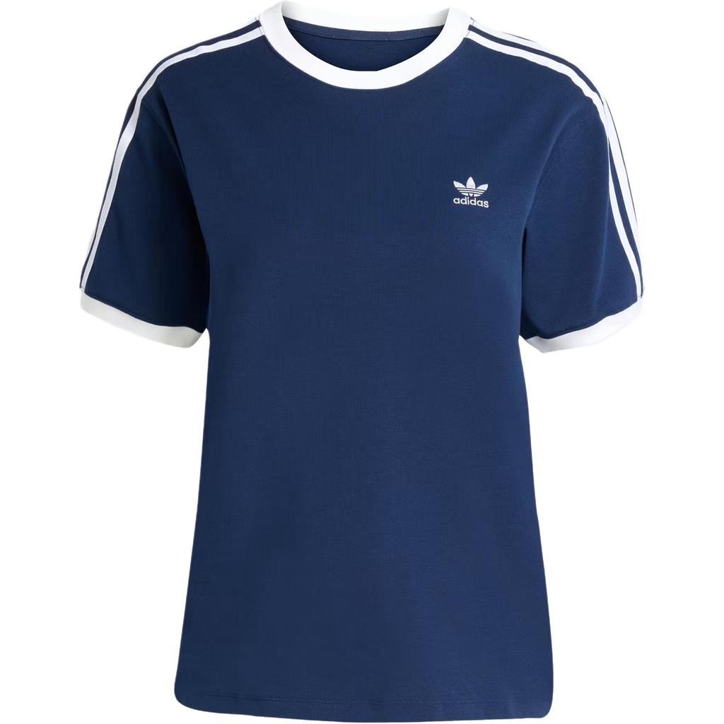 Adidas Originals Striped Logo Crew Neck Short Sleeve Regular T-Shirt Women Tops Night-Blue JY4852