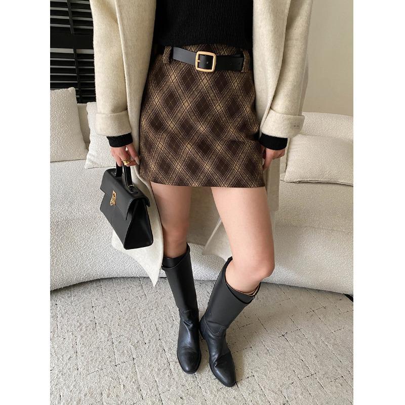 

Sinan Retro Academy High-Waisted A-Line Plaid Wool Skirt SN8397 Medium кавовий