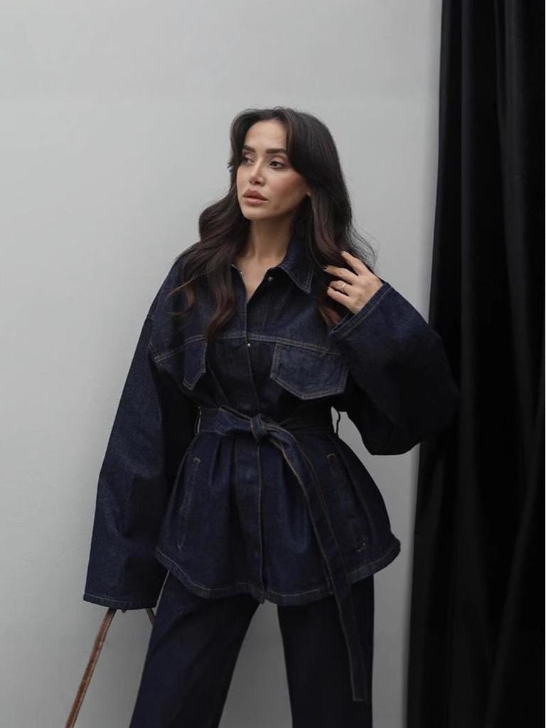 Spring/Summer 2025 Belted Denim Turn-down Collar Long-sleeve Pants Set