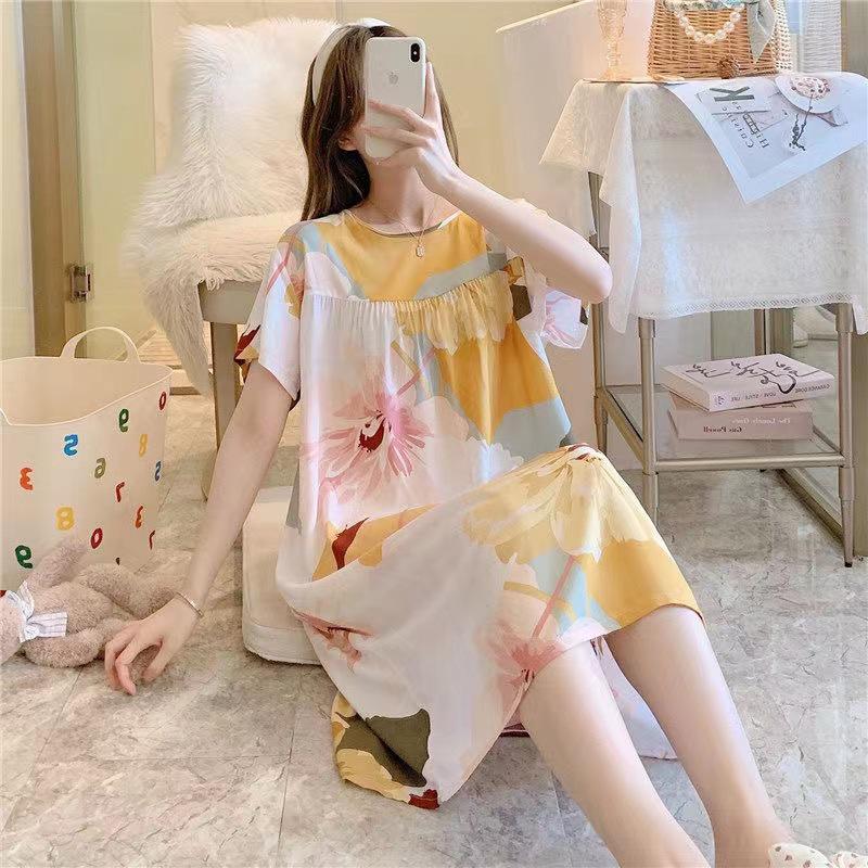 2023 Women's Short Sleeve Cotton Silk Printed Summer Nightdress