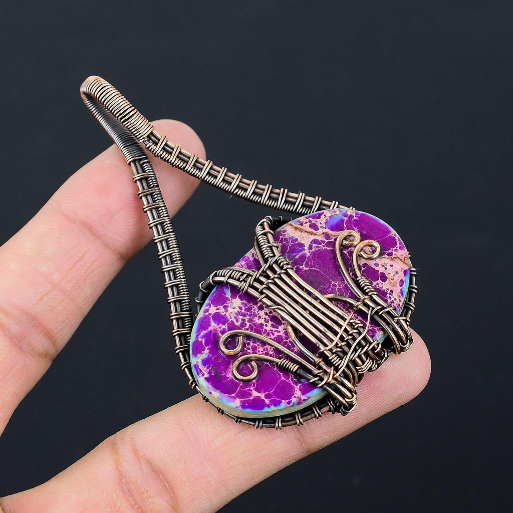 Blue Sea Sediment Gemstone Pure Copper Wire Wrapped Handmade Jewelry Pendant