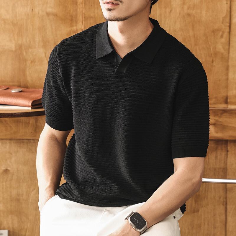 Camisa Polo de Punto de Seda Helada Retro Americana para Hombre Jie Lei Nuo