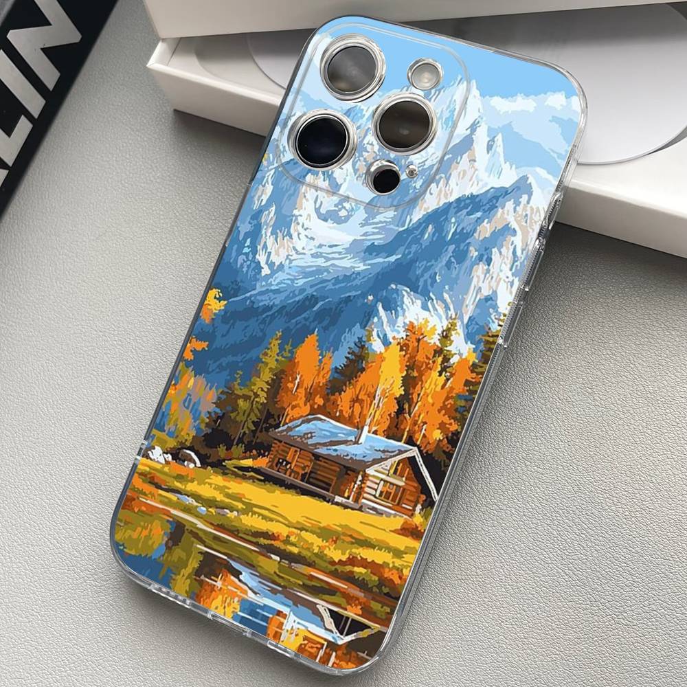 Landscape Painting Transparent Back Phone Case For iPhone 17 16 15 13 12 11 14 Pro Max Mini Plus Silicone Bumper