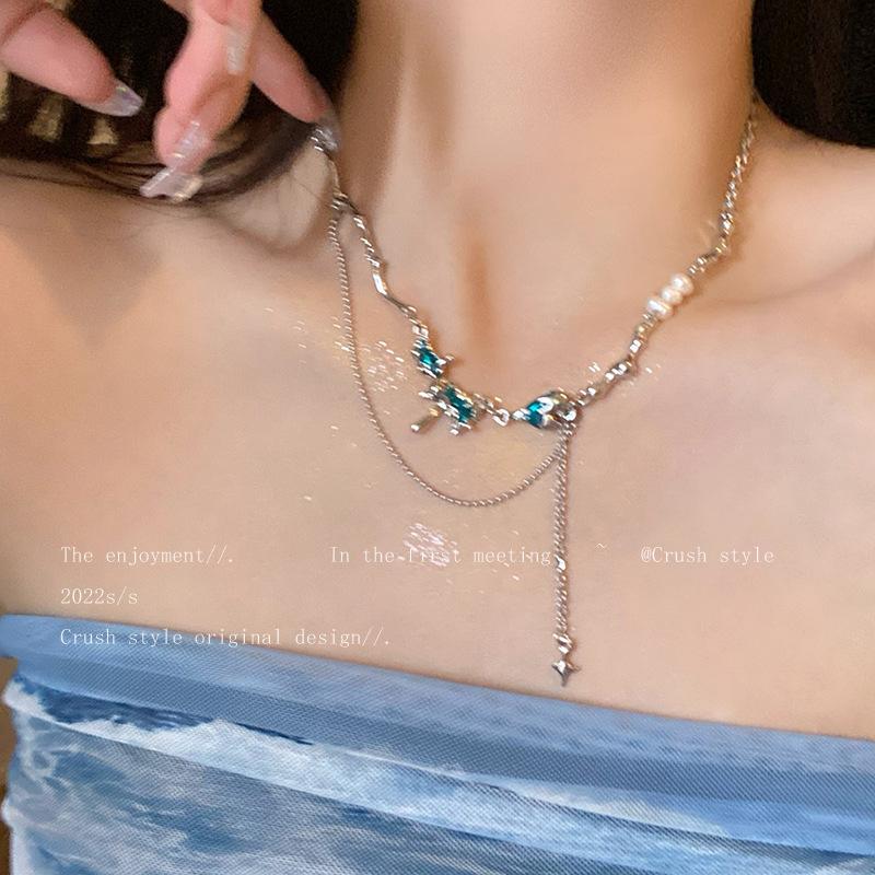 Fashion Shiny Star Necklace for Women Y2K Crystal Zircon Cross Pendant Necklaces Girls Antique Silver Color Clavicle Chain