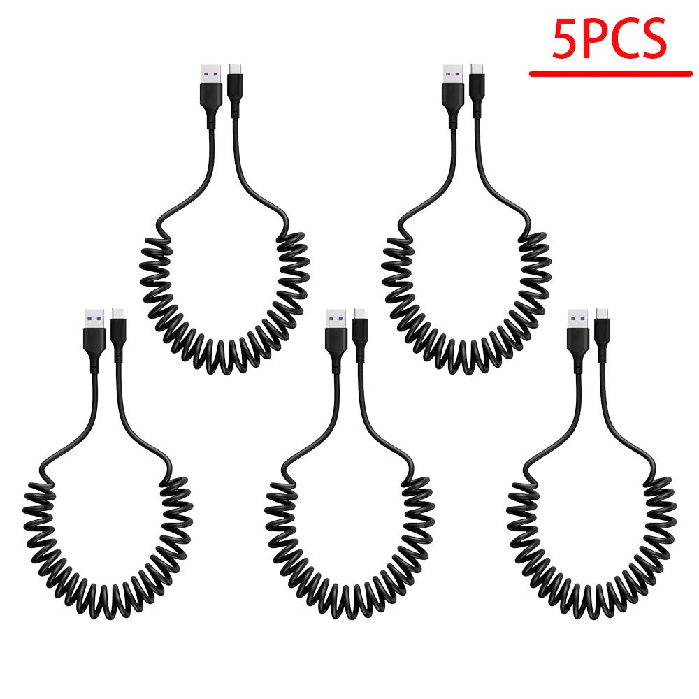5pcs 66W 6A Fast Charging Type C Cable Spring Telescopic Car Phone Charger USB Cable For Samsung S24 Xiaomi Huawei USB C Cable