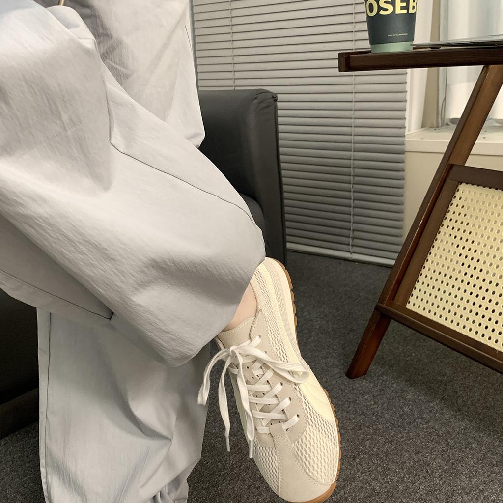 Cowhide~ Grape Mom Breathable Mesh German Training Shoes Women's Contrasting Color Lace-up Ugly Cute Forrest Gump Shoes Flat Casual Sports Shoes