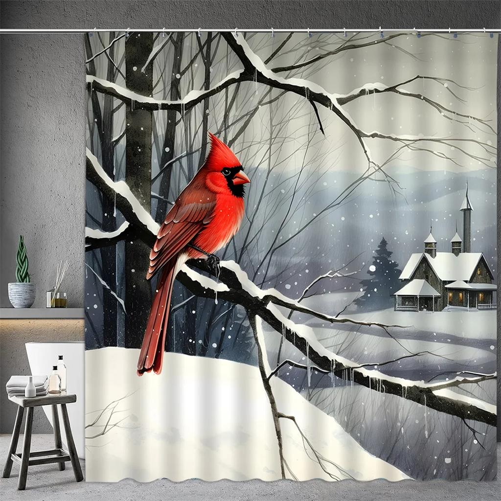 Christmas Shower Curtain, Winter Snowman Santa Claus Snowflake Gnome Farm Truck Berry Christmas Tree Cartoon Bathroom Decorati