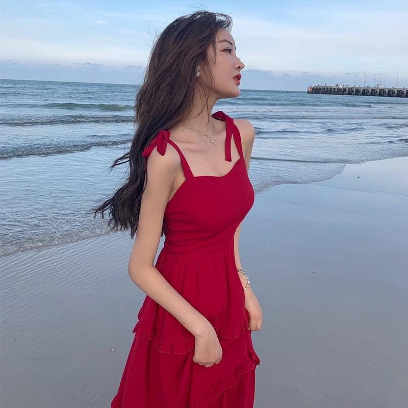 Seaside Vacation Red Suspender Dress for Women Xia Xin Super Fairy Long Dress Travel Suitable for Beach Dress