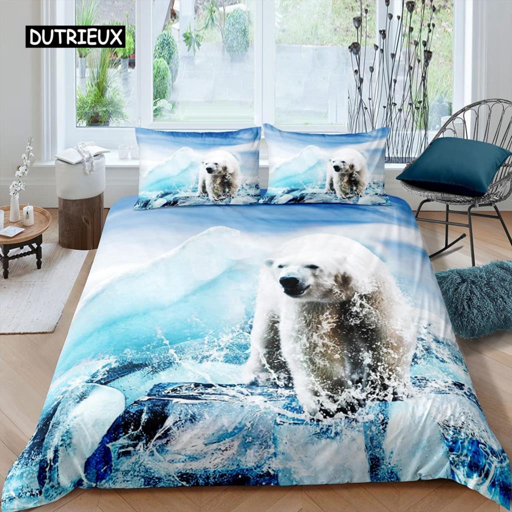 סט ציפה לפוך דובי קוטב מידה קווין סט מצעים דובי קוטב דוגמת חיה כיסוי לפוך מודפס בדוב למבוגרים בני נוער ילדים