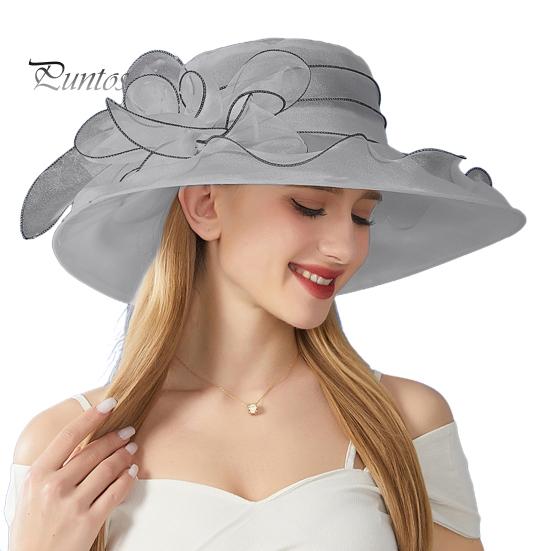 Slnečný klobúk so širokou krempou, kvetom z organzy a pierkovou ozdobou, UV ochrana, priesvitný materiál, dámsky klobúk, pokrývka hlavy