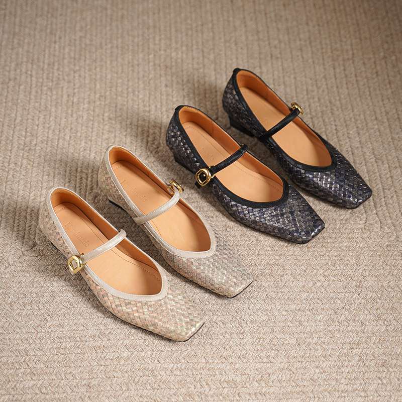 Krazing Pot Cow Skin Summer Spring Autumn Low Heels Women Square Toe Mary Janes Metal Buckle Shallow Pumps